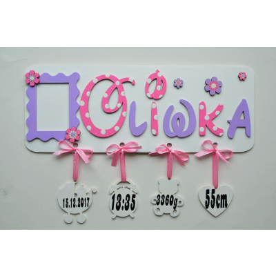 Malowana METRYCZKA Z IMIENIEM - fioletowo różowa Disney