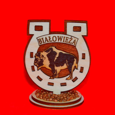 Drewniana PODKOWA Z ŻUBREM na podstawce