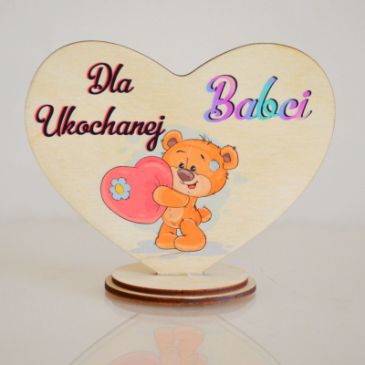 Drewniane SERCE DLA BABCI nadruk UV na podstawce