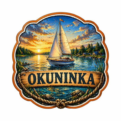 magnes Okuninka, magnes na lodówkę, pamiątka znad jeziora, magnes z żaglówką