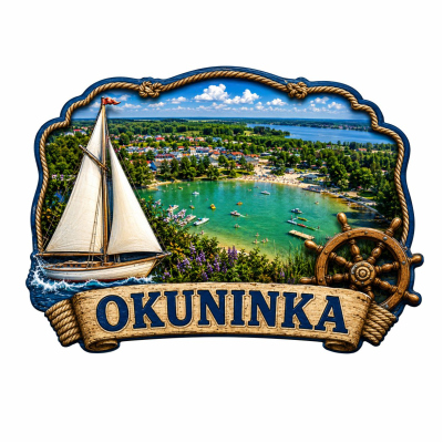 magnes Okuninka, magnes na lodówkę, pamiątka znad jeziora, magnes z żaglówką