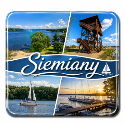 Magnes Siemiany z widokiem na Jeziorak, żaglówki, marinę i wieżę widokową.